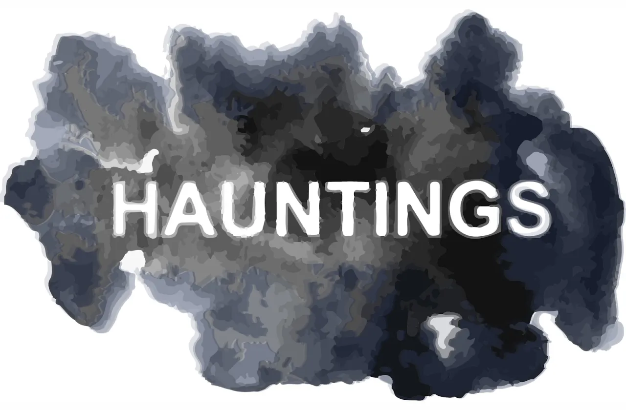 A cloud of black and gray smoke with the word "Hauntings" in all caps