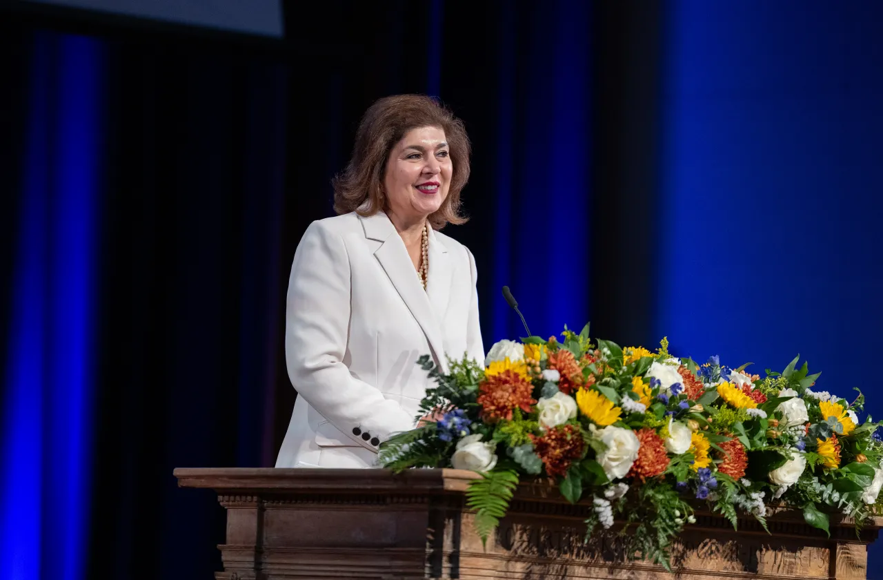 Farah Pandith speaks to a crowd at Cromwell Day 2025.