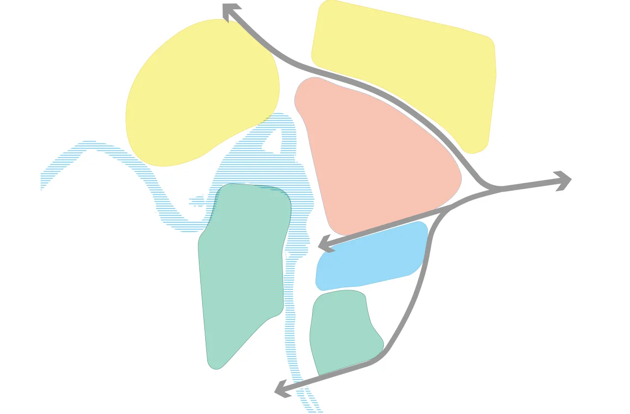 A rendering of Smith's campus showing distinct regions marked by color. Gray arrows show existing common paths through campus.