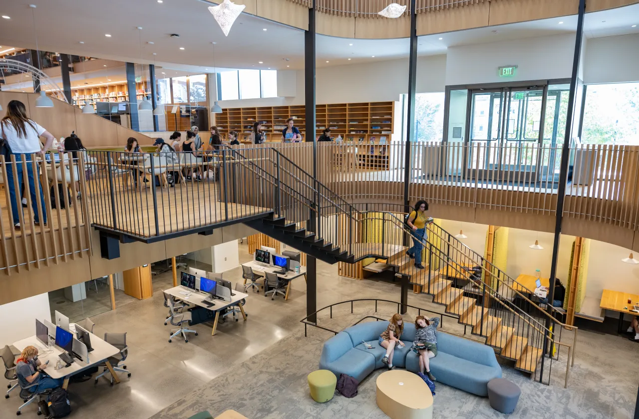 The Compass café in Neilson Library and the floor below it.