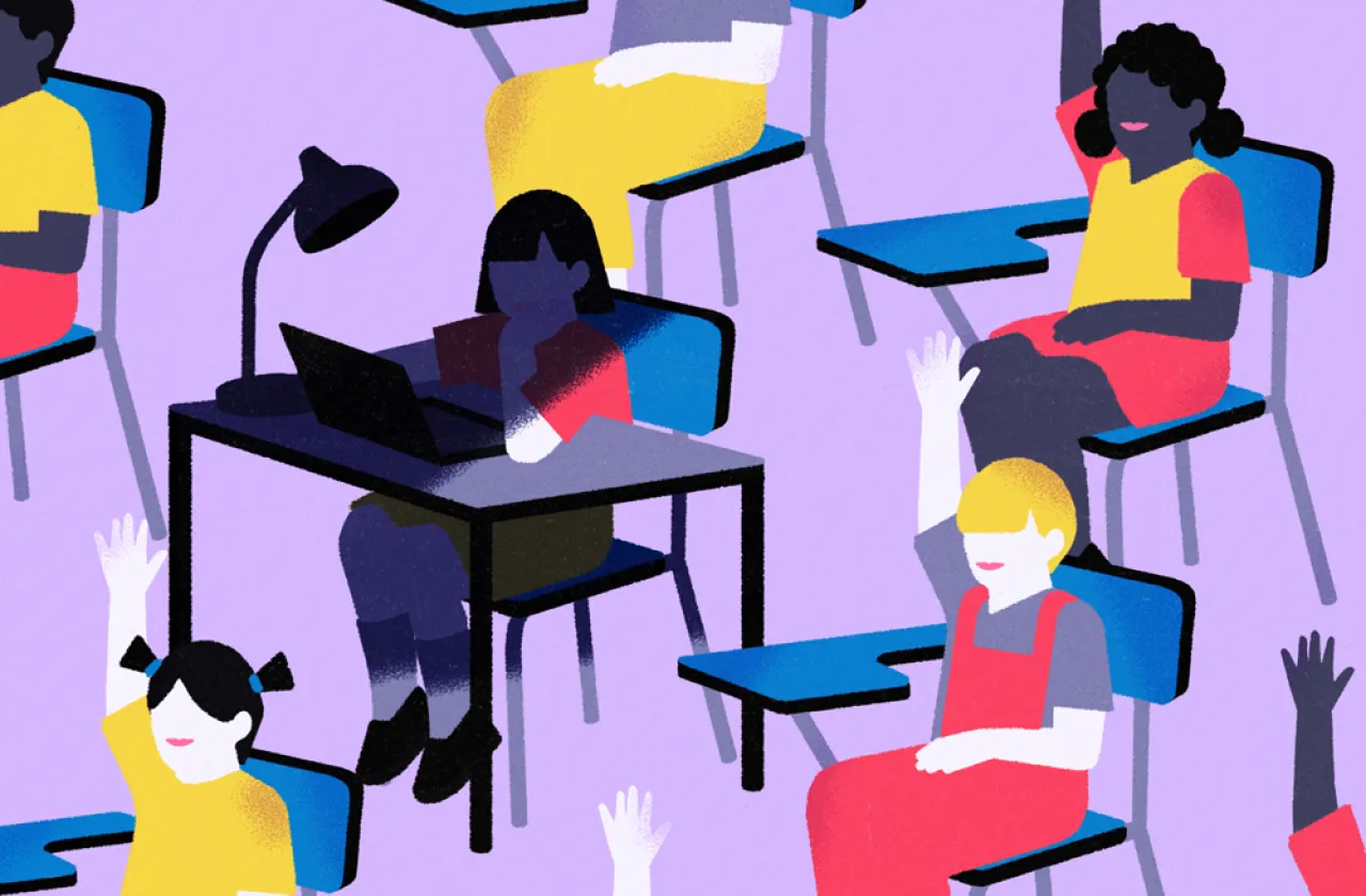 Illustration of students at desks with their hands raised, except one who is hunched over their desk in darkness