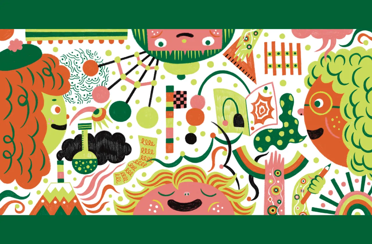 Illustration of an orange person with green curly hair and two pink people with lots of sketchy idea icons