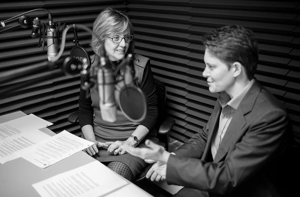Kathleen McCartney and Dorie Clark in an audio studio