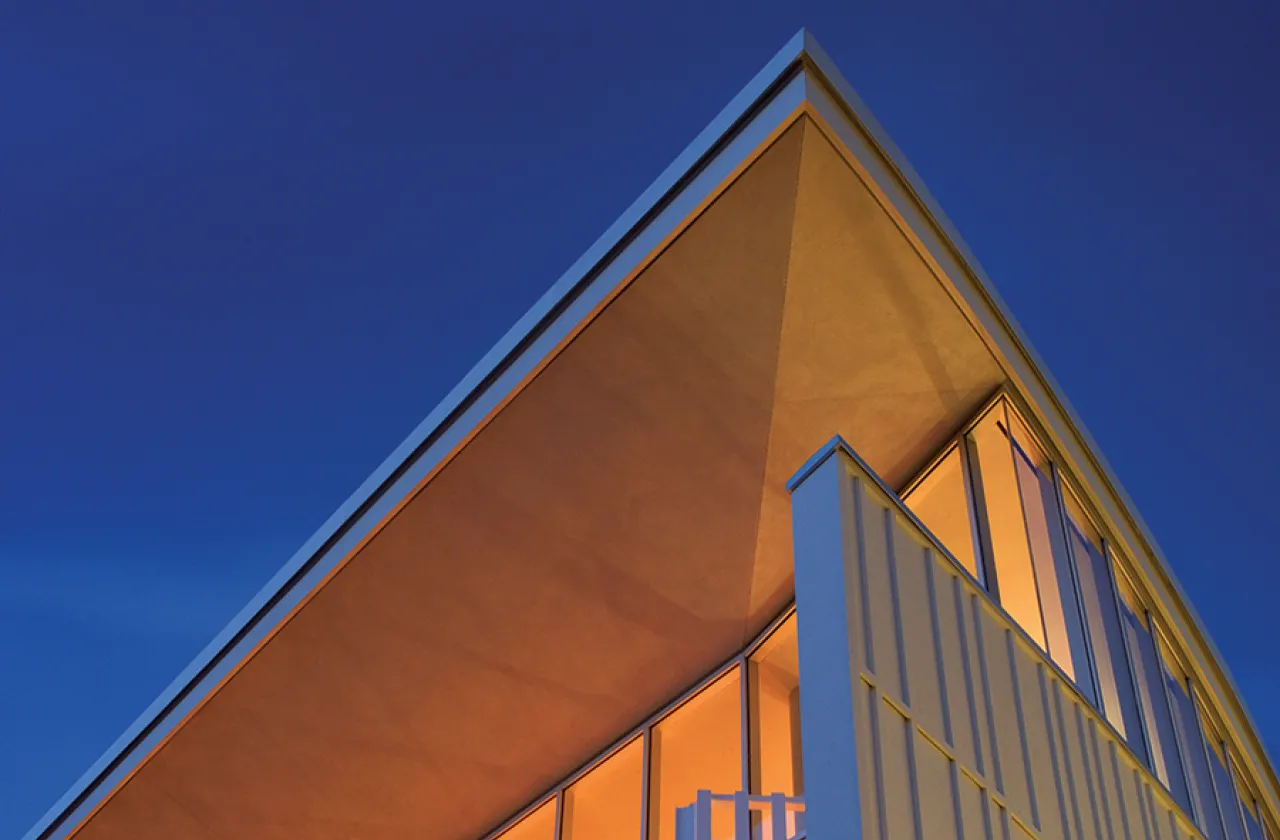 Architectural detail of the campus center exterior at night