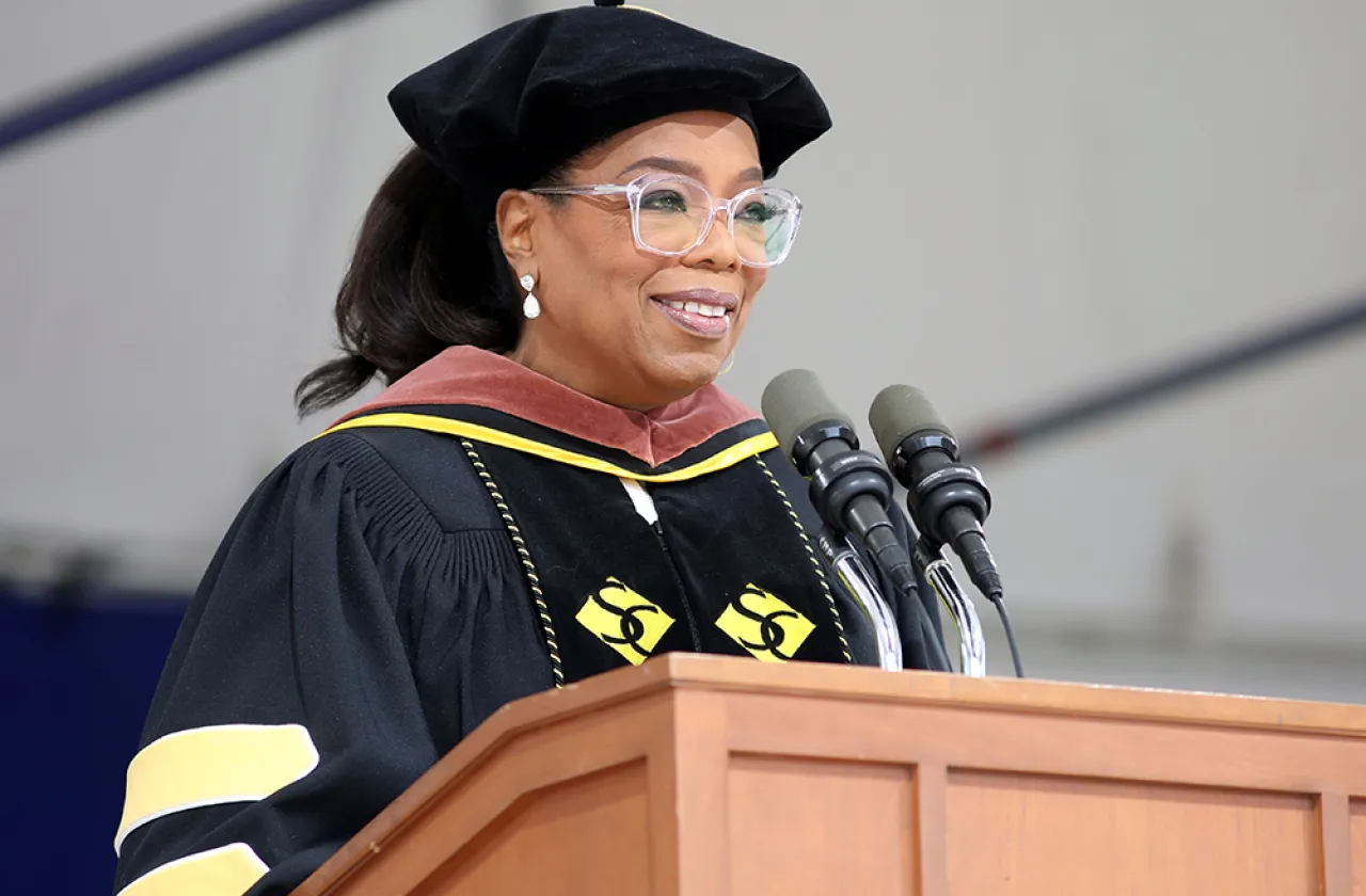 Oprah Winfrey speaking at the Commencement podium