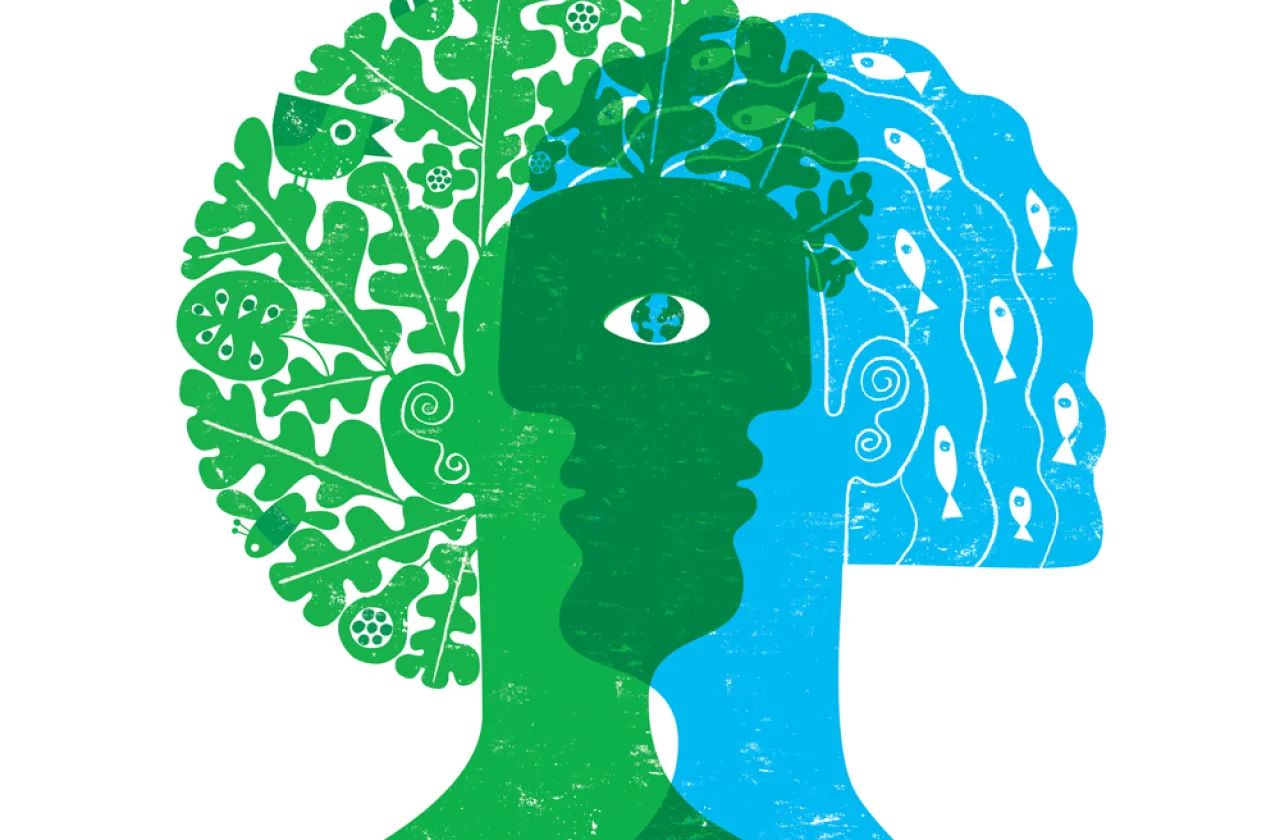 Two heads intertwined at their faces, one green with biological life in their hair, one blue with fish in their hair. Their overlapping eye is a planet earth