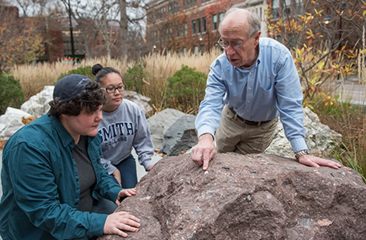 Professor John Brady looking at the Rock Park with students