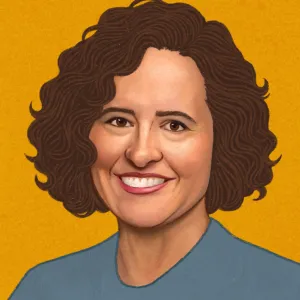 Digital illustration of Carolina Miranda, wearing a blue shirt in front of a yellow background