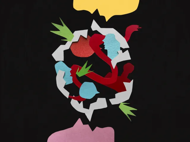 torn paper collage featuring two human silhouettes speaking into the same chaotic speech bubble