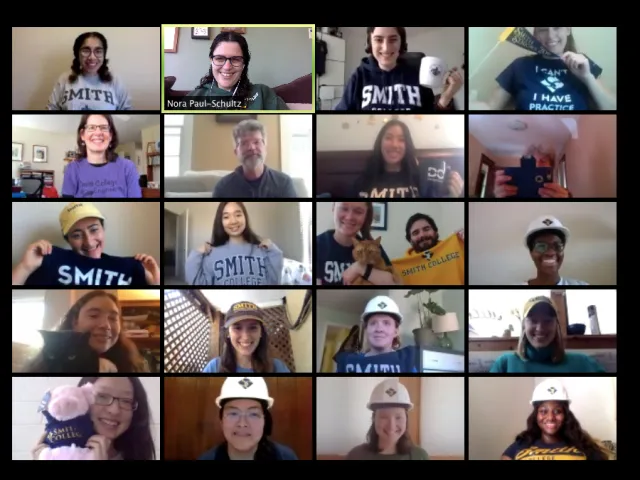 Zoom array with individuals in Smith College t-shirts and hard hats, celebrating