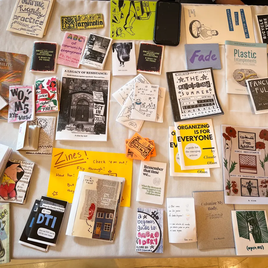 A large selection of colorful zines on a table