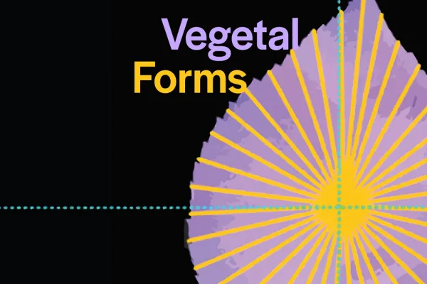 "Vegetal Forms" with graphic purple leaf, gold sunburst in the center