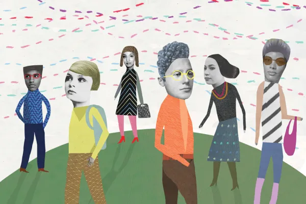 Cut out magazine images of faces on hand-drawn bodies with air-currents drawn in colorful dashed lines