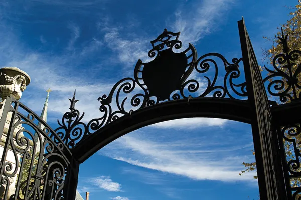 Photo looking through the Grecourt Gates toward downtown