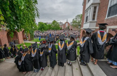 A group of seniors in caps and gowns with their backs facing the camera look out into the Quad on Commencement Day