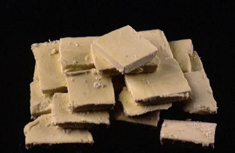 A pile of broken, beige rectangular chunks appears crumbly and unevenly cut