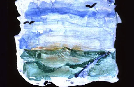 A small, abstract painting depicts a serene landscape with a blue sky, green hills, and birds flying