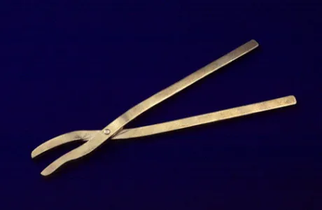 Golden, antique tongs with elongated handles and curved gripping ends