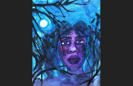 Portrait of a woman with a nightsky background, tree branches and full moon by Ashai Gonzalez '22
