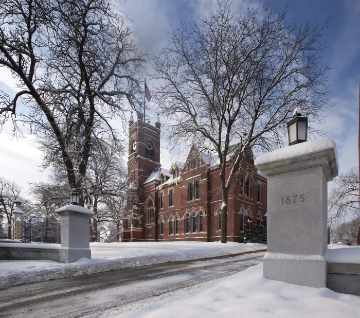 College Hall as seen from the road, in the snow.