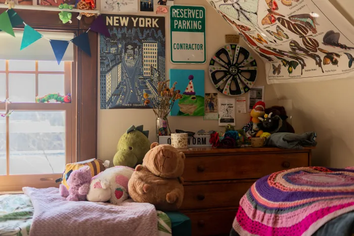 Decorations and plushies sitting on a student's bed.