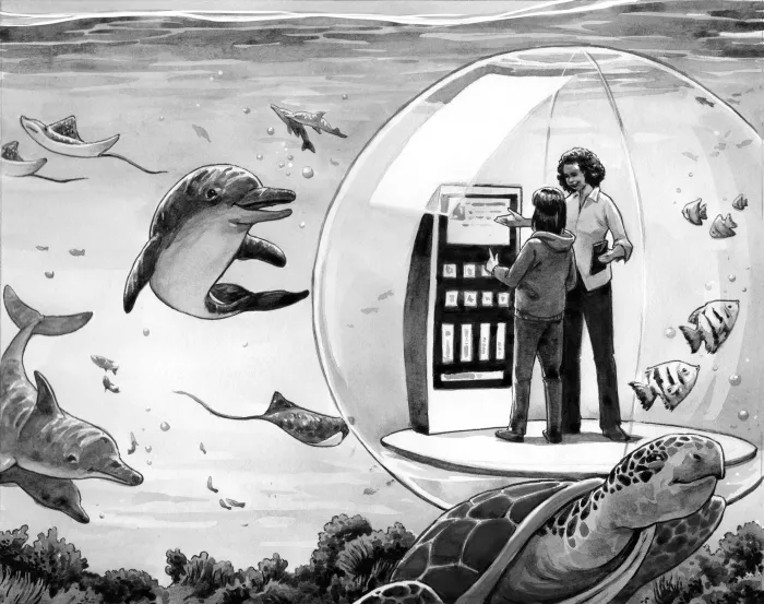 A black and white illustration of an older and younger woman looking at a machine in a bubble underwater surrounded by dolphins and turtles