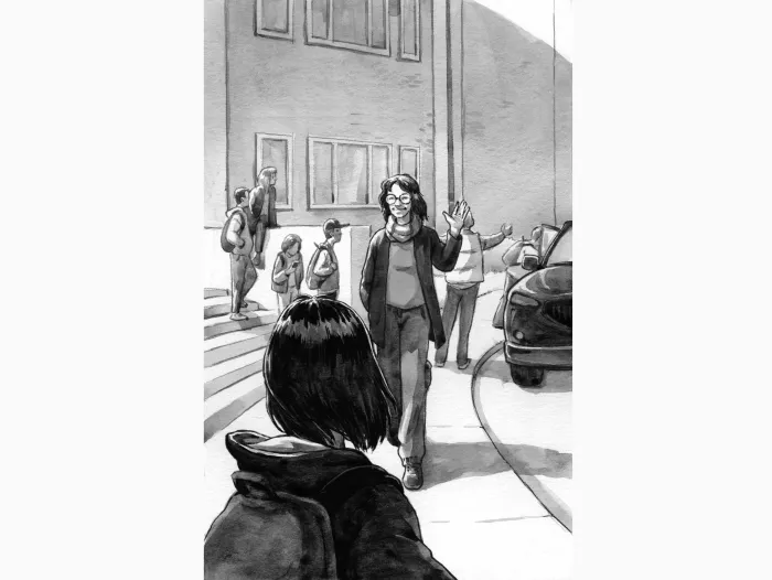 A black and white image of a woman waving at a girl, whose head is turned away from the viewer