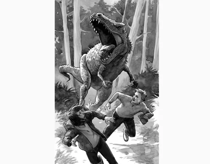 A black and white illustration of a girl and a man running away from a dinosaur