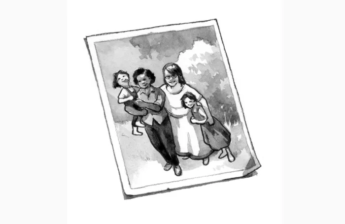 A black and white illustration of a photograph of two women with two children