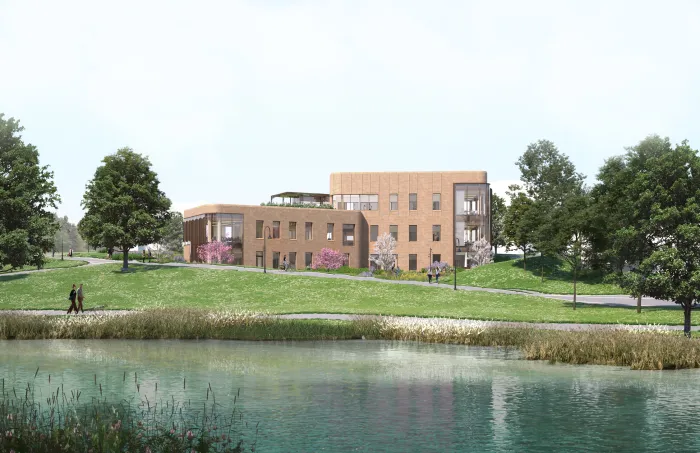 Kathleen McCartney Hall as seen from across Paradise Pond
