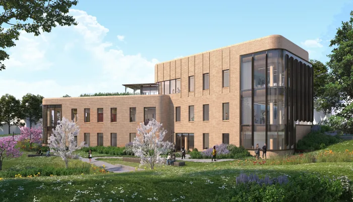 View of Kathleen McCartney Hall from Lyman Conservatory