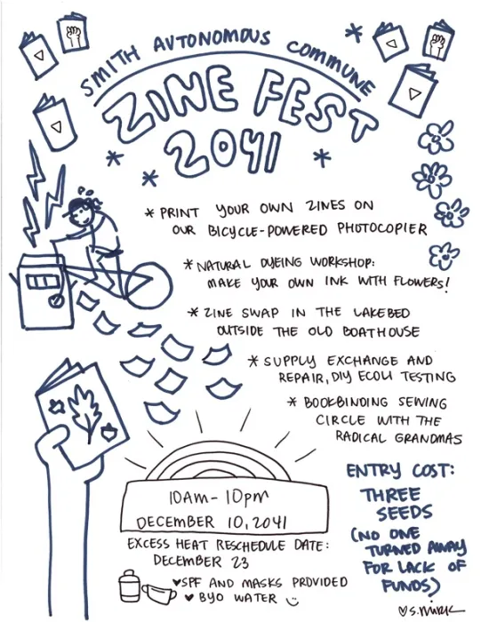 Shay Mirk's Zine on ZineFest 2041 with a person on a bicycle and a hand holding a zine