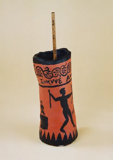 Tall ceramic vessel with an orange and black Greek-style design. Features human figures and patterns, topped with a numbered wooden rod.