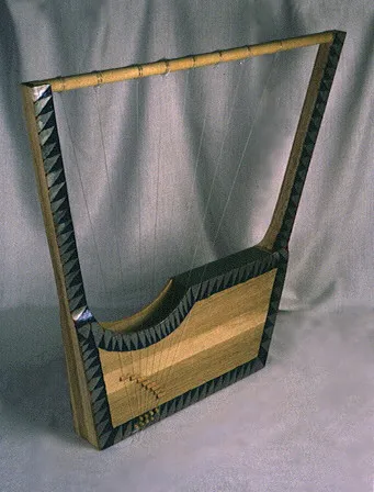 A wooden lyre with a rectangular base and a curved top arm, featuring eight strings