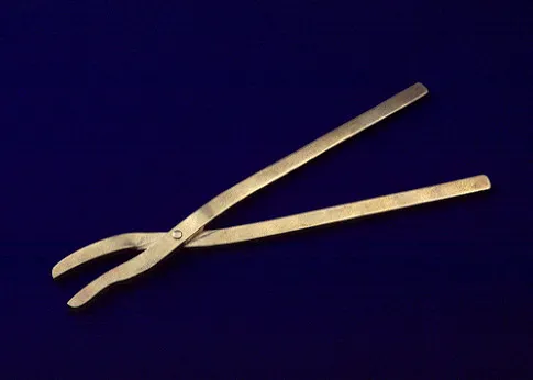Golden, antique tongs with elongated handles and curved gripping ends