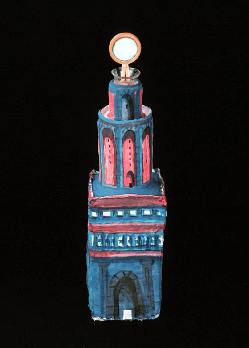 A painted clay sculpture of a tiered tower with blue and red details. A round object tops the tower.