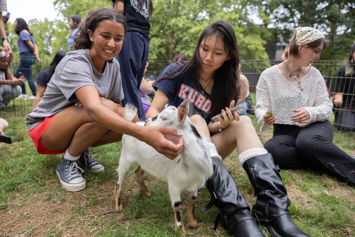 New students pet a baby goat during Pet-A-Pet