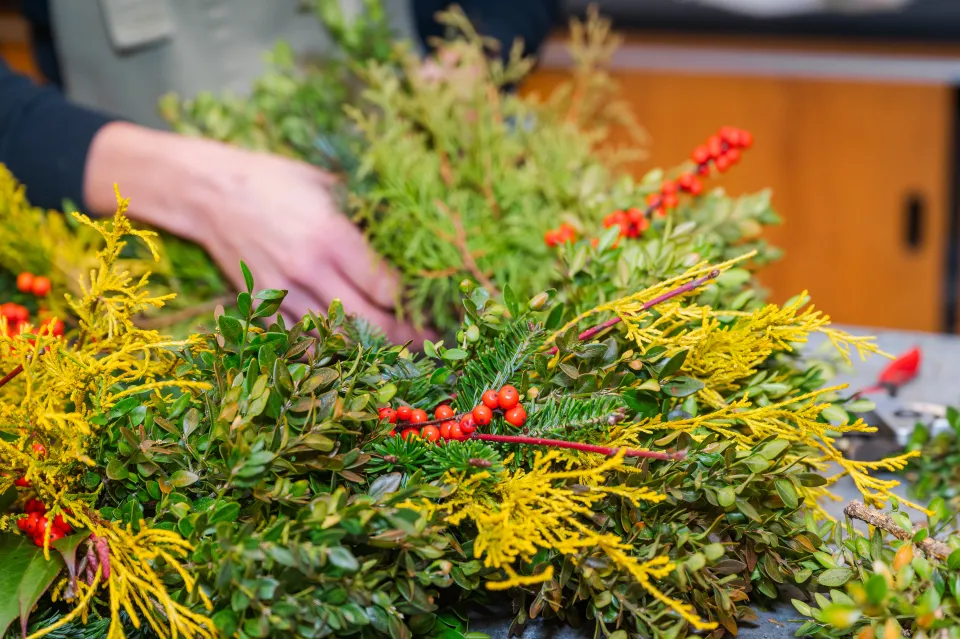 Julie Thomson's hands as she finishes the wreath